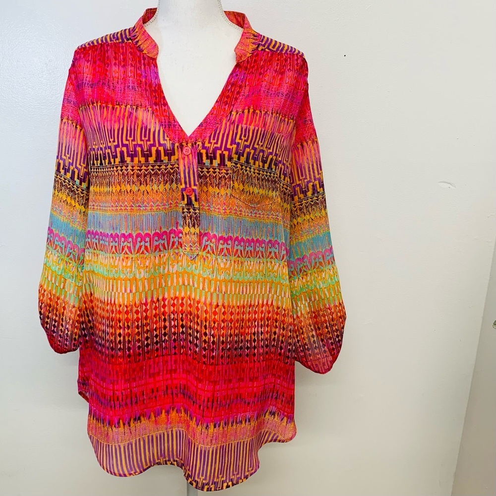Ab Studio Pop Over Top Woman XL  Pink Geometric‎ Sheer Lined Roll Tab Colorful